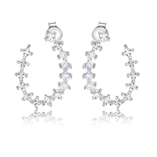925 Sterling Silver Rhodium Plated Indented Semi Hoop Square Cut Clear CZ Stud Earrings