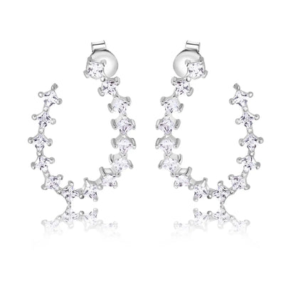 925 Sterling Silver Rhodium Plated Indented Semi Hoop Square Cut Clear CZ Stud Earrings