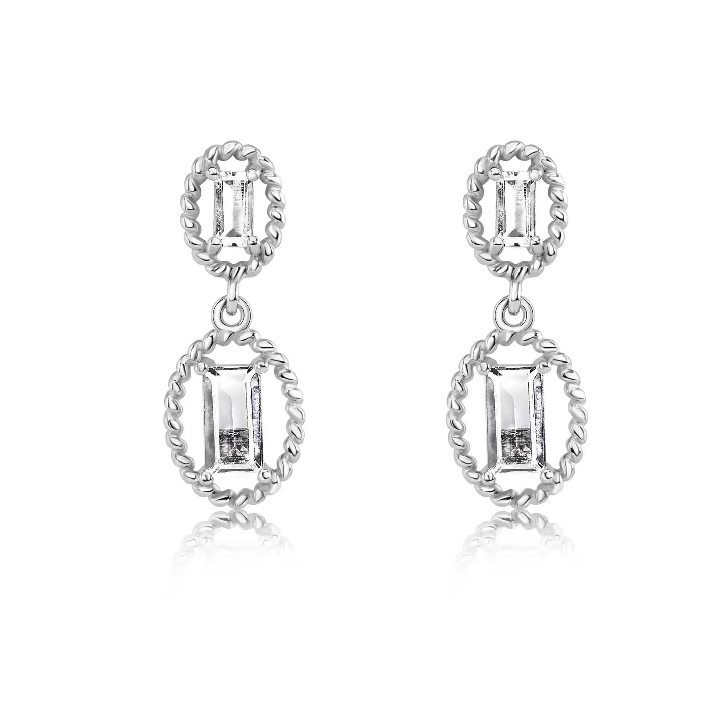 925 Sterling Silver Rhodium Plated Dangling Baguette CZ Stud Earrings