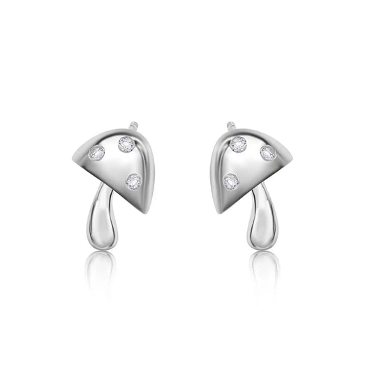 925 Sterling Silver Rhodium Plated Mushroom Clear CZ Stud Earrings