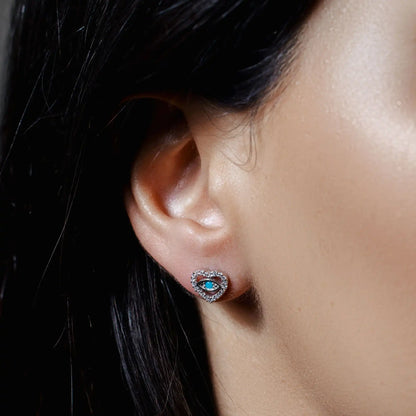 925 Sterling Silver Rhodium Plated Evil Eye Heart Clear CZ Stud Earrings
