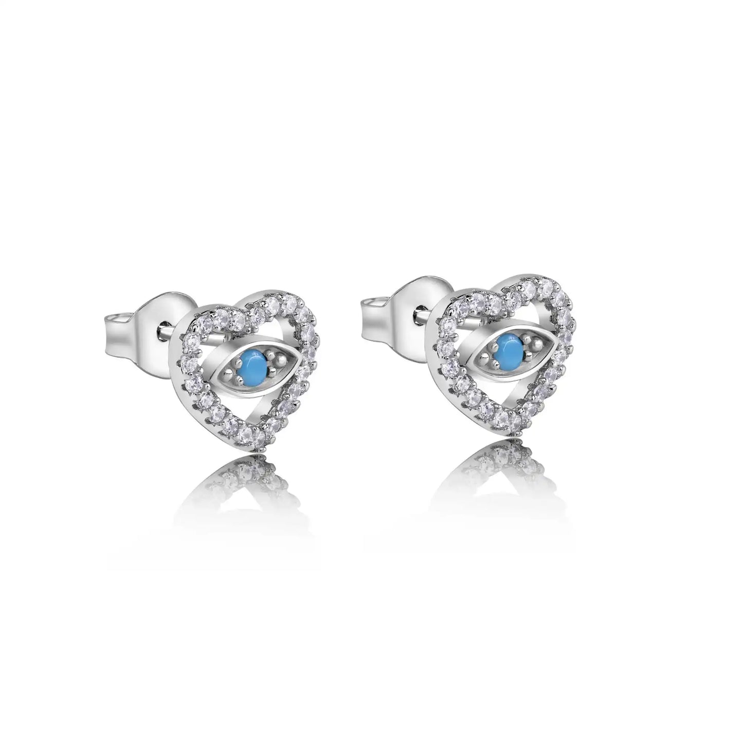 925 Sterling Silver Rhodium Plated Evil Eye Heart Clear CZ Stud Earrings