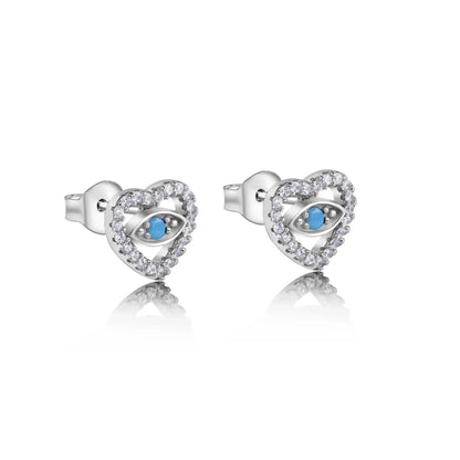 925 Sterling Silver Rhodium Plated Evil Eye Heart Clear CZ Stud Earrings