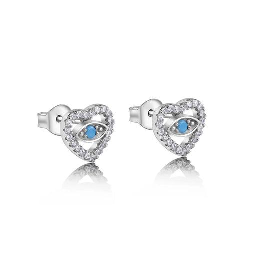 925 Sterling Silver Rhodium Plated Evil Eye Heart Clear CZ Stud Earrings