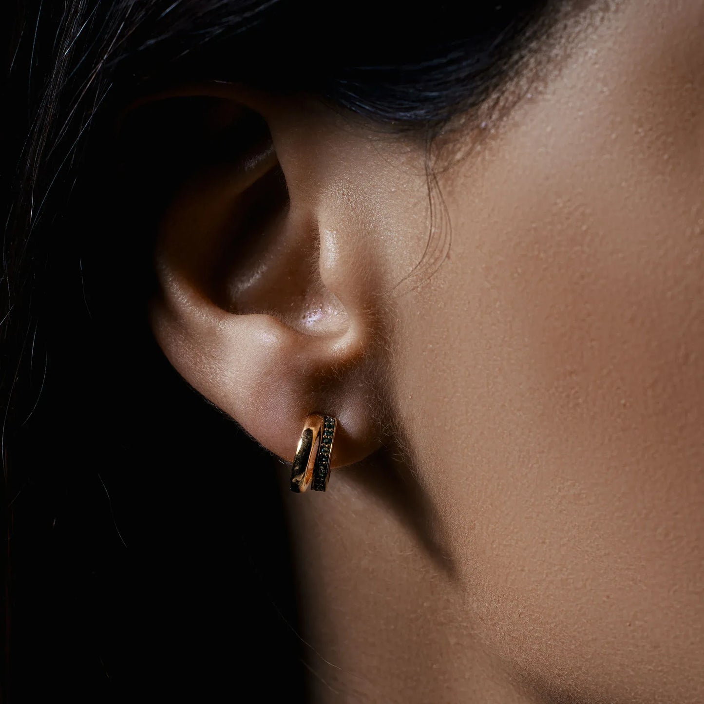925 Sterling Silver Golden Plated Split Hoop Green CZ Stud Earrings