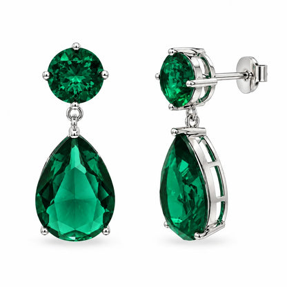 925 Silver Rhodium Plated Colored CZ Birthstone Round & Tear Drop Dangling Earrings