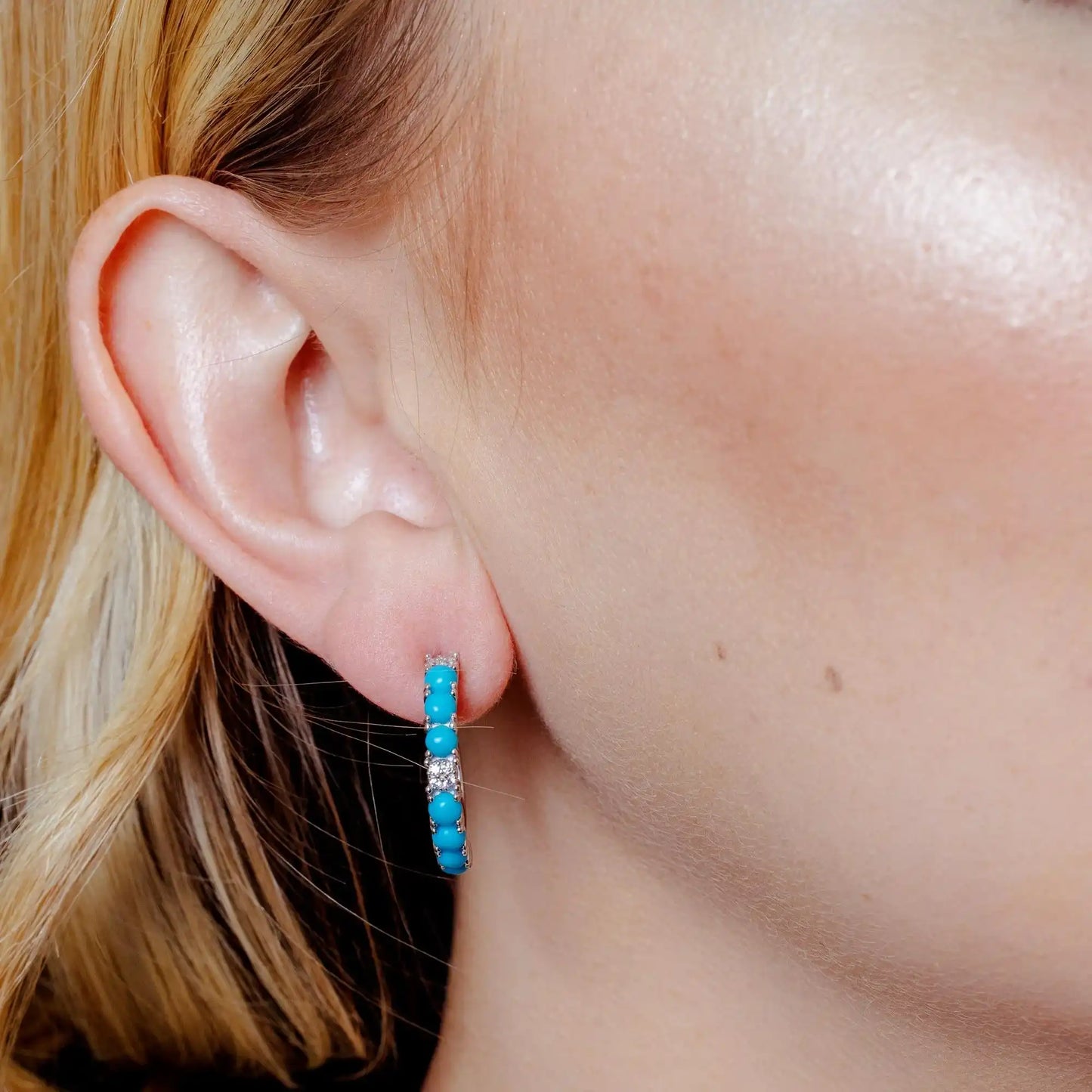 925 Sterling Silver Rhodium Plated Semi Hoop Turquoise CZ Semi Hoop Earring