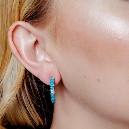 925 Sterling Silver Rhodium Plated Semi Hoop Turquoise CZ Semi Hoop Earring