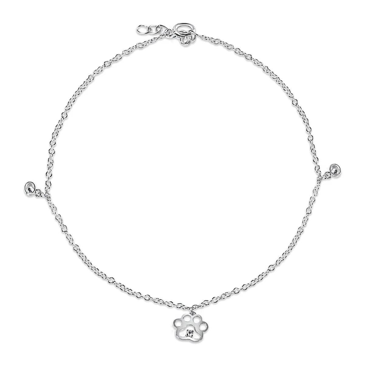 925 Sterling Silver Rhodium Plated CZ Open Dog Paw Anklet