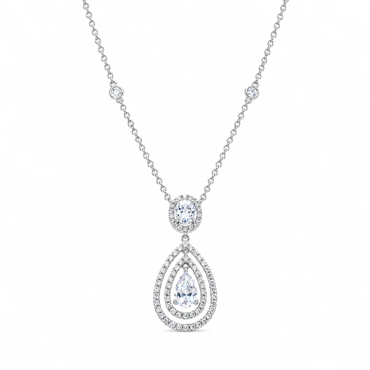 925 Silver Clearance-Rhodium Plated Clear Teardrop and Round CZ Antique Pendant Necklace