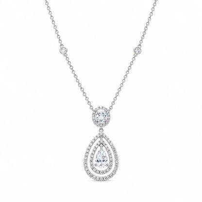 925 Silver Clearance-Rhodium Plated Clear Teardrop and Round CZ Antique Pendant Necklace