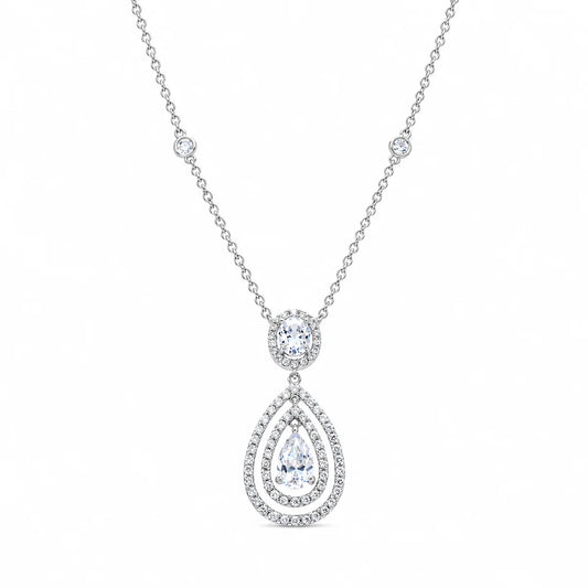 925 Silver Clearance-Rhodium Plated Clear Teardrop and Round CZ Antique Pendant Necklace