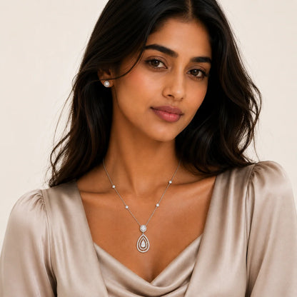 925 Silver Clearance-Rhodium Plated Clear Teardrop and Round CZ Antique Pendant Necklace
