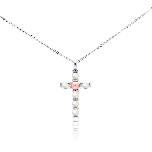 925 Sterling Silver Rhodium Plated Pearl Cross Necklace