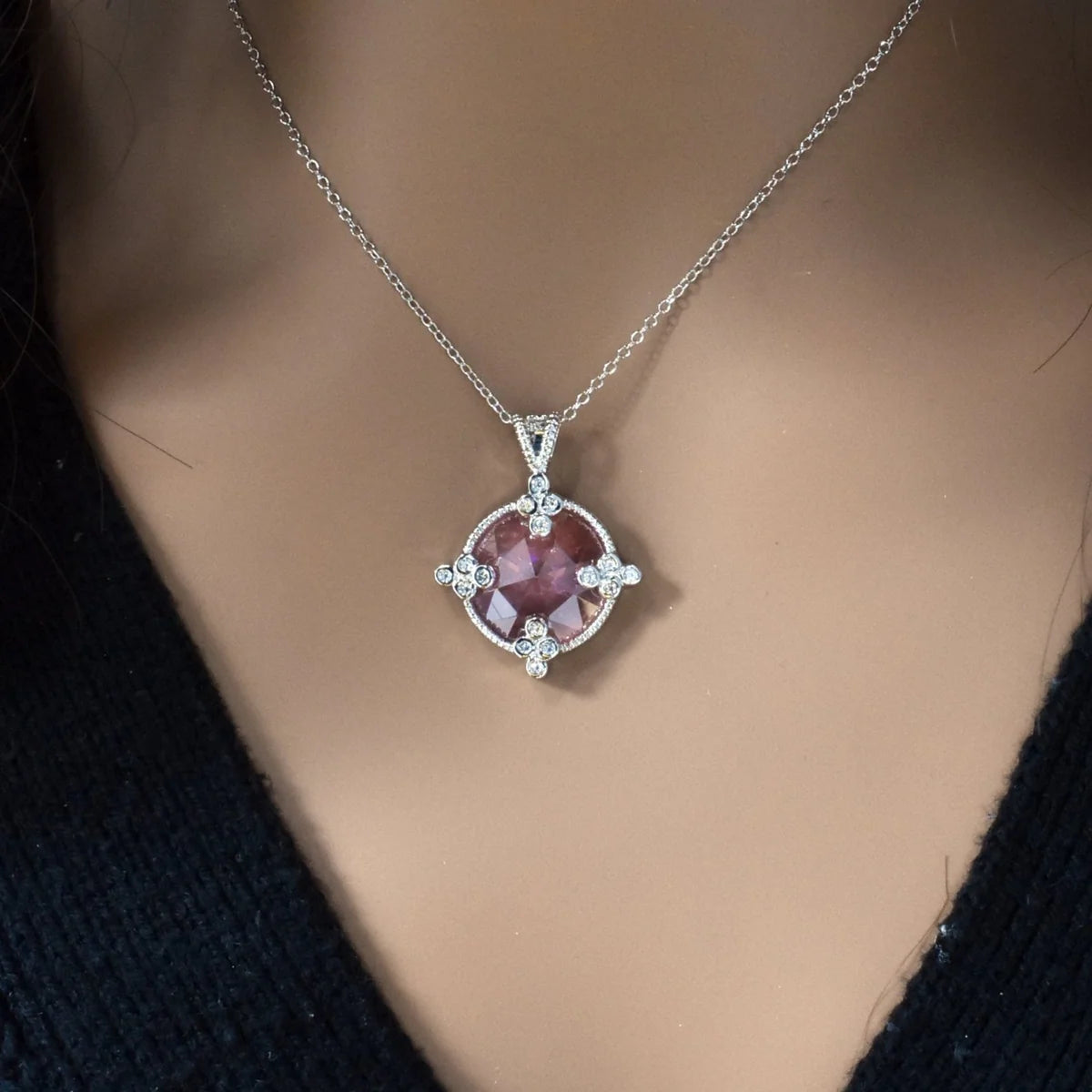 925 Silver Rhodium Plated Pink Round CZ Necklace