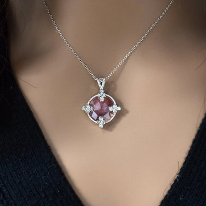 925 Silver Rhodium Plated Pink Round CZ Necklace