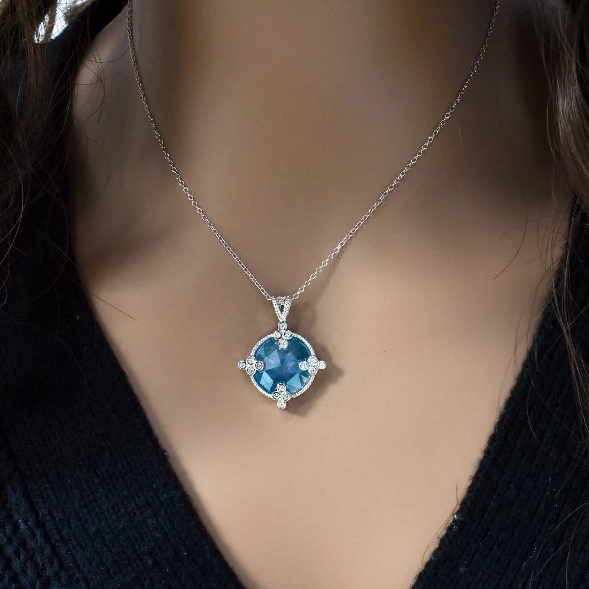925 Silver Rhodium Plated Round Blue CZ Necklace