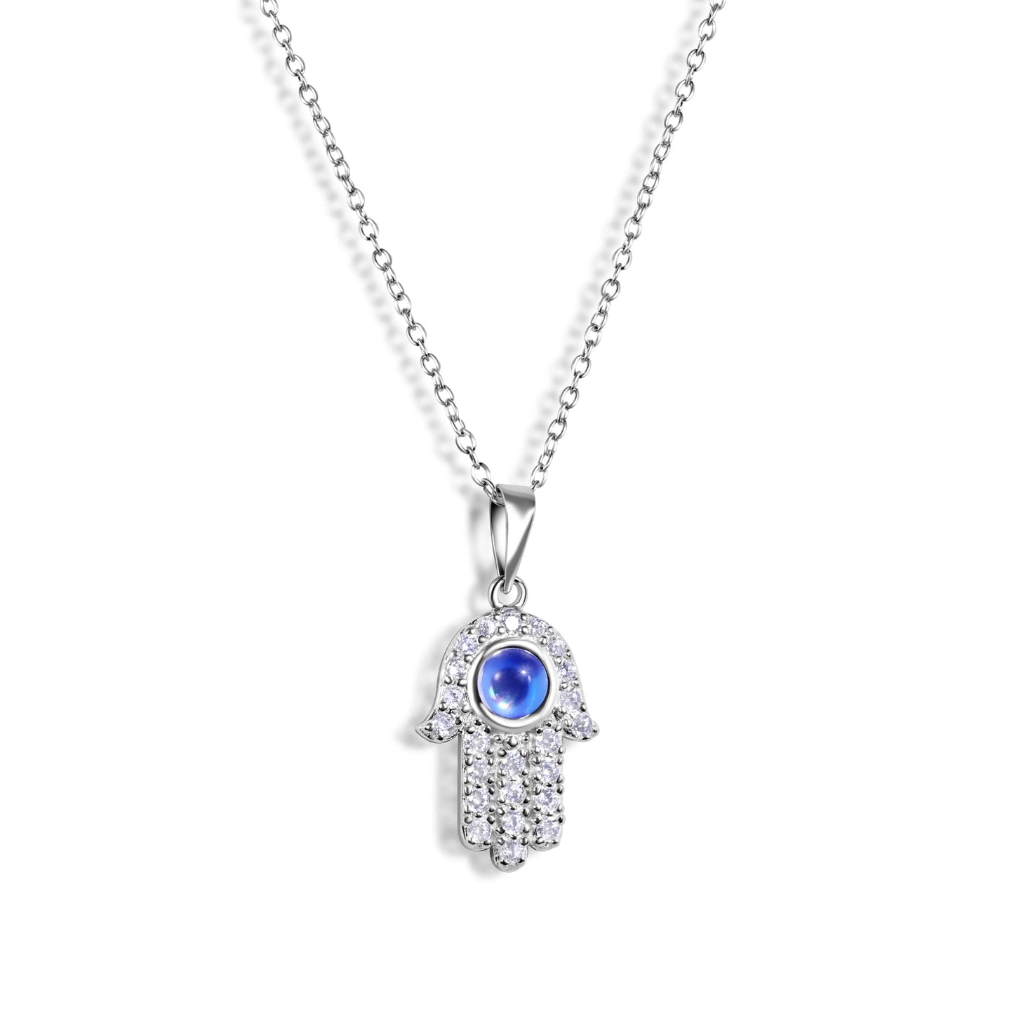 925 Sterling Silver Rhodium Plated Hamsa Evil Eye CZ Necklace