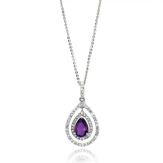 925 Sterling Silver Rhodium Plated Open Purple Teardrop Center CZ Necklace