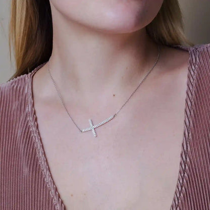 925 Sterling Silver Rhodium Plated Sideways Cross CZ Necklace
