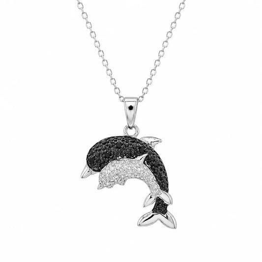 925 Sterling Silver Rhodium Plated Black & White Double Dolphin Pendant Necklace