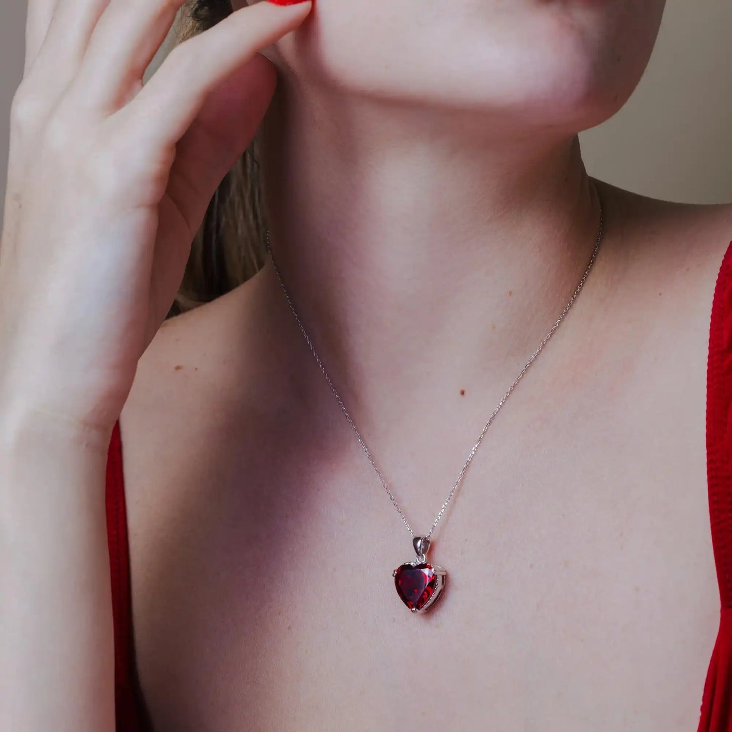 925 Sterling Silver Rhodium Plated Red Heart CZ Rope Necklace