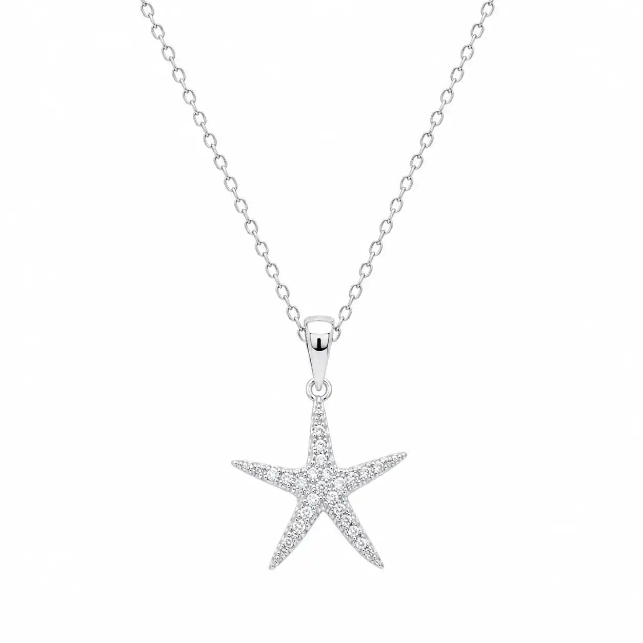 925 Sterling Silver Rhodium Plated Dainty CZ Starfish Pendant Necklace