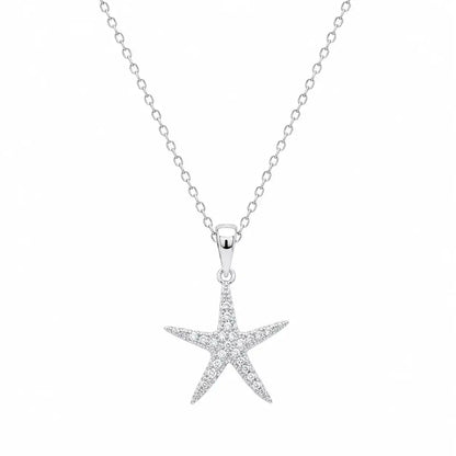 925 Sterling Silver Rhodium Plated Dainty CZ Starfish Pendant Necklace