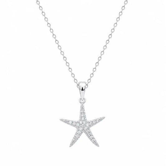 925 Sterling Silver Rhodium Plated Dainty CZ Starfish Pendant Necklace