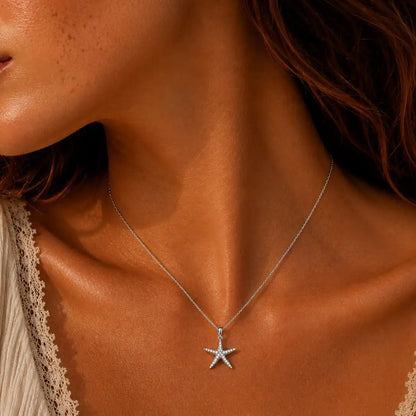 925 Sterling Silver Rhodium Plated Dainty CZ Starfish Pendant Necklace