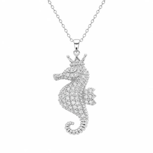 925 Sterling Silver Rhodium Plated Clear CZ Seahorse Pendant Necklace