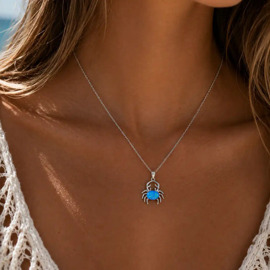 925 Sterling Silver Rhodium Plated Crab with Synthetic Blue Opal Necklace