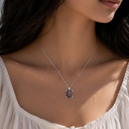 925 Sterling Silver Rhodium Plated Pink and Clear CZ Turtle Necklace