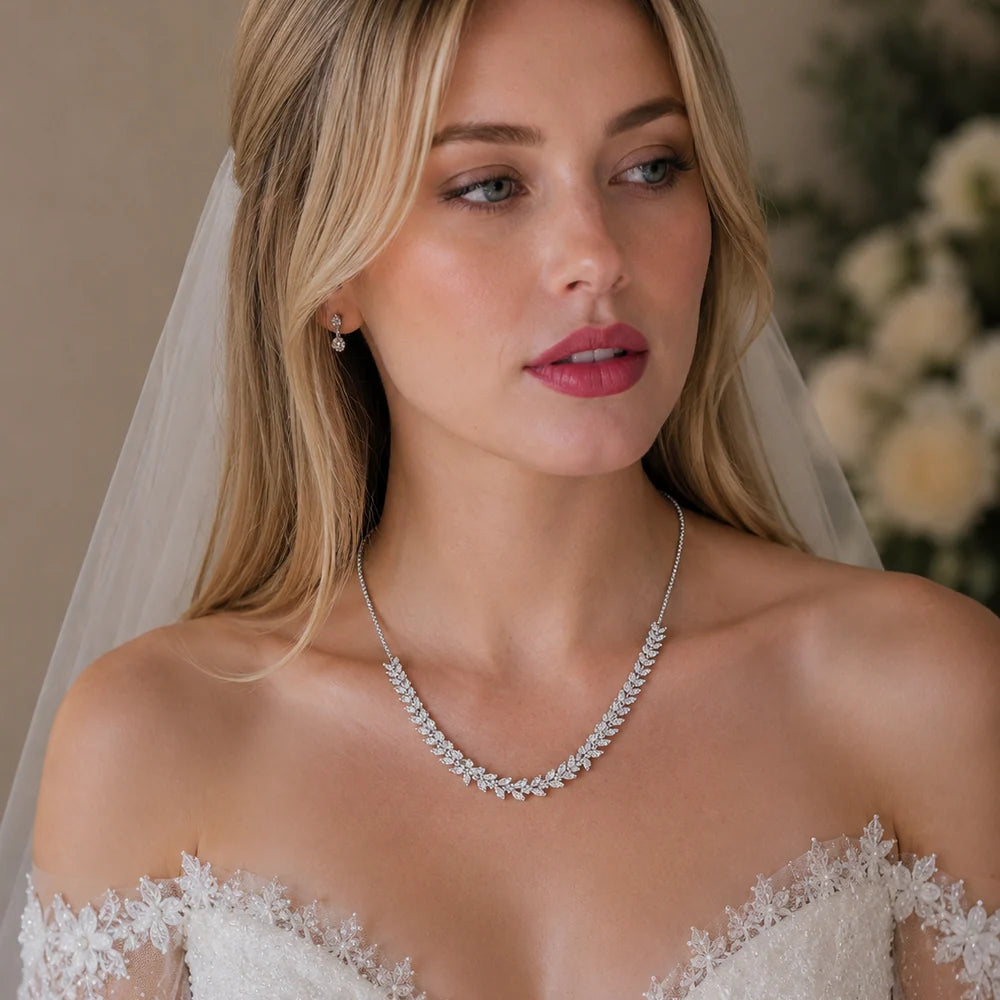 925 Sterling Silver Rhodium Plated Adjustable Leaf Link CZ Bridal Necklace