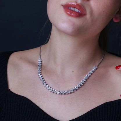 925 Sterling Silver Rhodium Plated Adjustable Leaf Link CZ Bridal Necklace