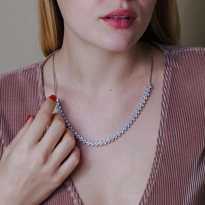 925 Sterling Silver Rhodium Plated Adjustable Leaf Link CZ Bridal Necklace