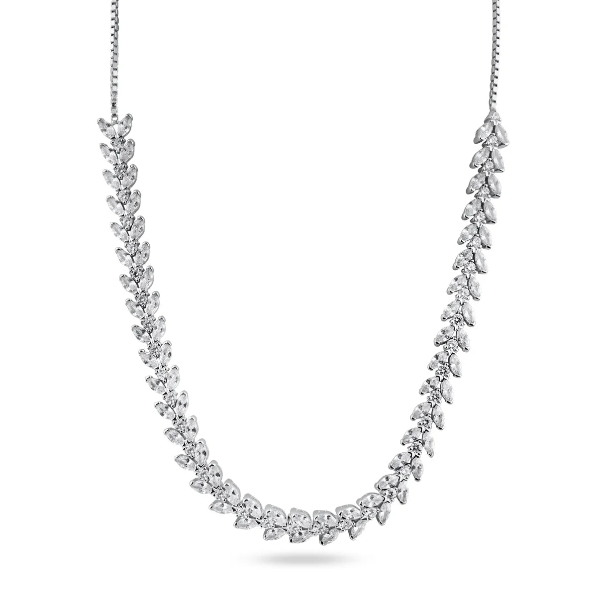 925 Sterling Silver Rhodium Plated Adjustable Leaf Link CZ Bridal Necklace