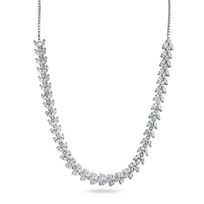 925 Sterling Silver Rhodium Plated Adjustable Leaf Link CZ Bridal Necklace