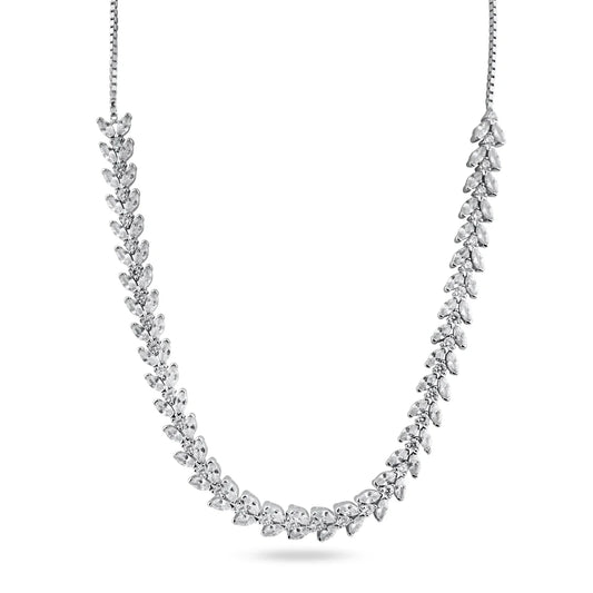 925 Sterling Silver Rhodium Plated Adjustable Leaf Link CZ Bridal Necklace
