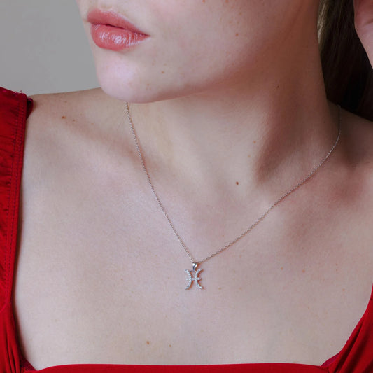 925 Sterling Silver Rhodium Plated Pisces CZ Zodiac Sign Necklace