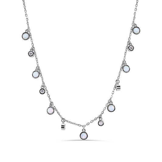 925 Silver Rhodium Plated Synthetic Opal Clear CZ Necklace
