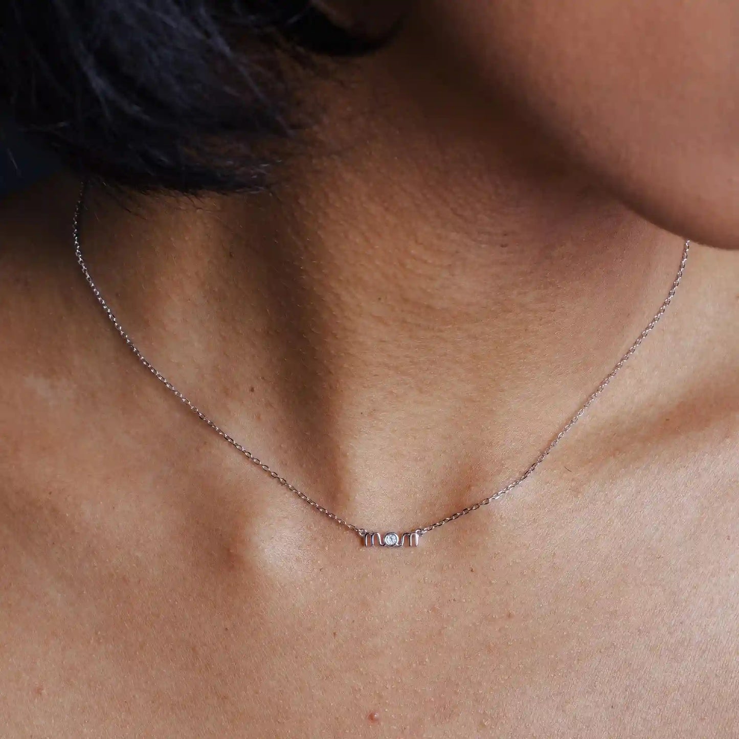 925 Sterling Silver Rhodium Plated Mom Clear CZ Necklace