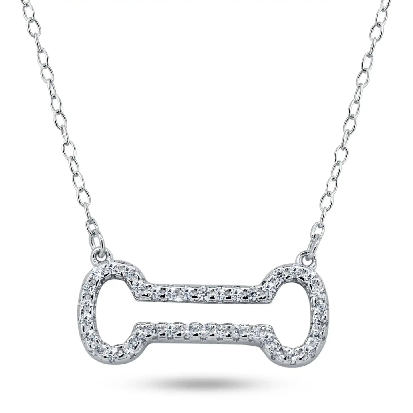 925 Sterling Silver Rhodium Plated Open Dog Bone CZ Necklace