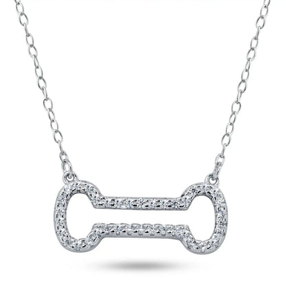 925 Sterling Silver Rhodium Plated Open Dog Bone CZ Necklace