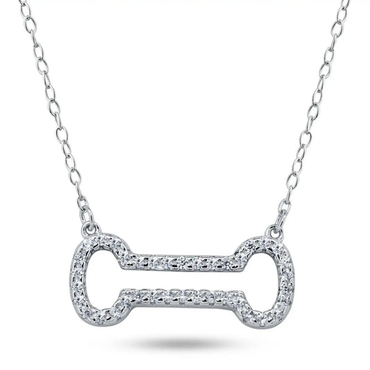 925 Sterling Silver Rhodium Plated Open Dog Bone CZ Necklace
