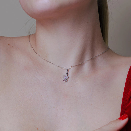 925 Sterling Silver Rhodium Plated Clear Multi Color CZ Turtle Pendant Necklace