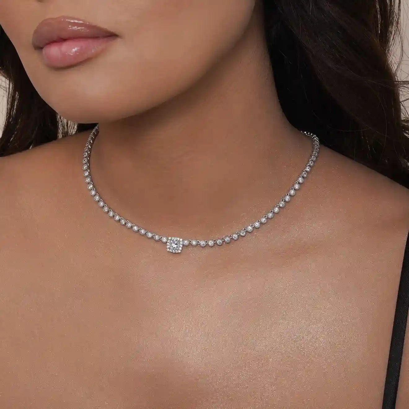 925 Sterling Silver Rhodium Plated Bubble Tennis CZ Clear Center Stone Necklace