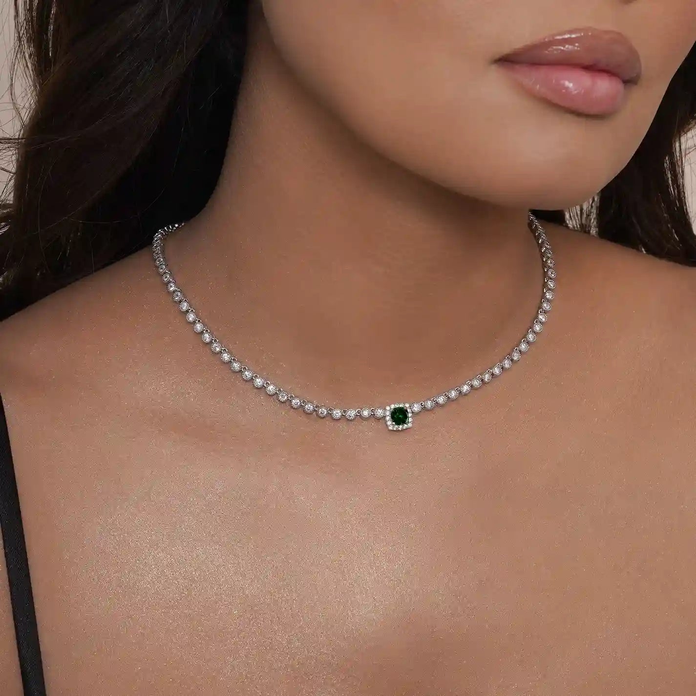 925 Sterling Silver Rhodium Plated CZ Bubble & Birthstone Bridal Tennis Necklace