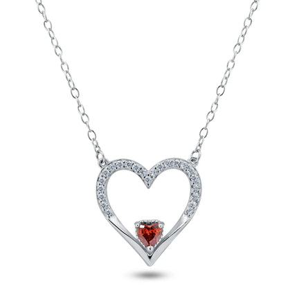 925 Sterling Silver Rhodium Plated Clear Red CZ Open Heart Necklace