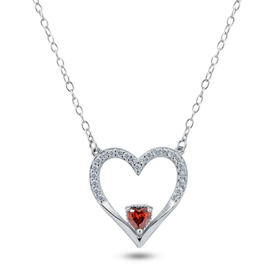 925 Sterling Silver Rhodium Plated Clear Red CZ Open Heart Necklace